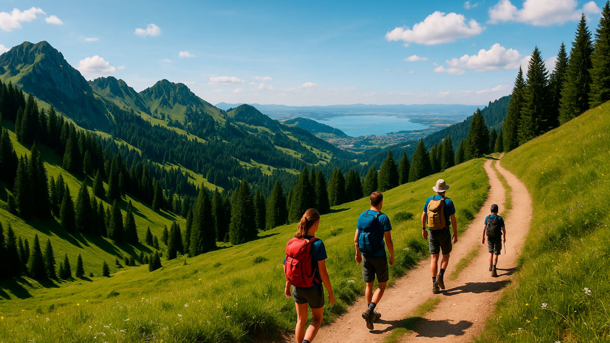 Randonneurs sur un sentier des Préalpes fribourgeoises