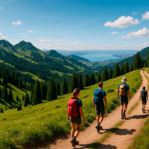 Randonneurs sur un sentier des Préalpes fribourgeoises