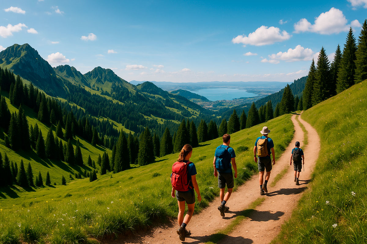 Randonneurs sur un sentier des Préalpes fribourgeoises